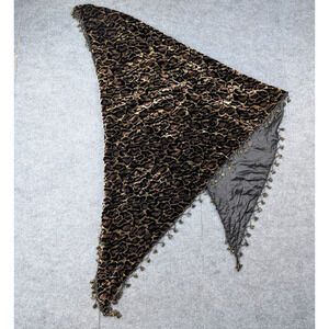 Belissima Silk Triangle Scarf Leopard Silk Velvet Beaded Trim Shawl Vintage